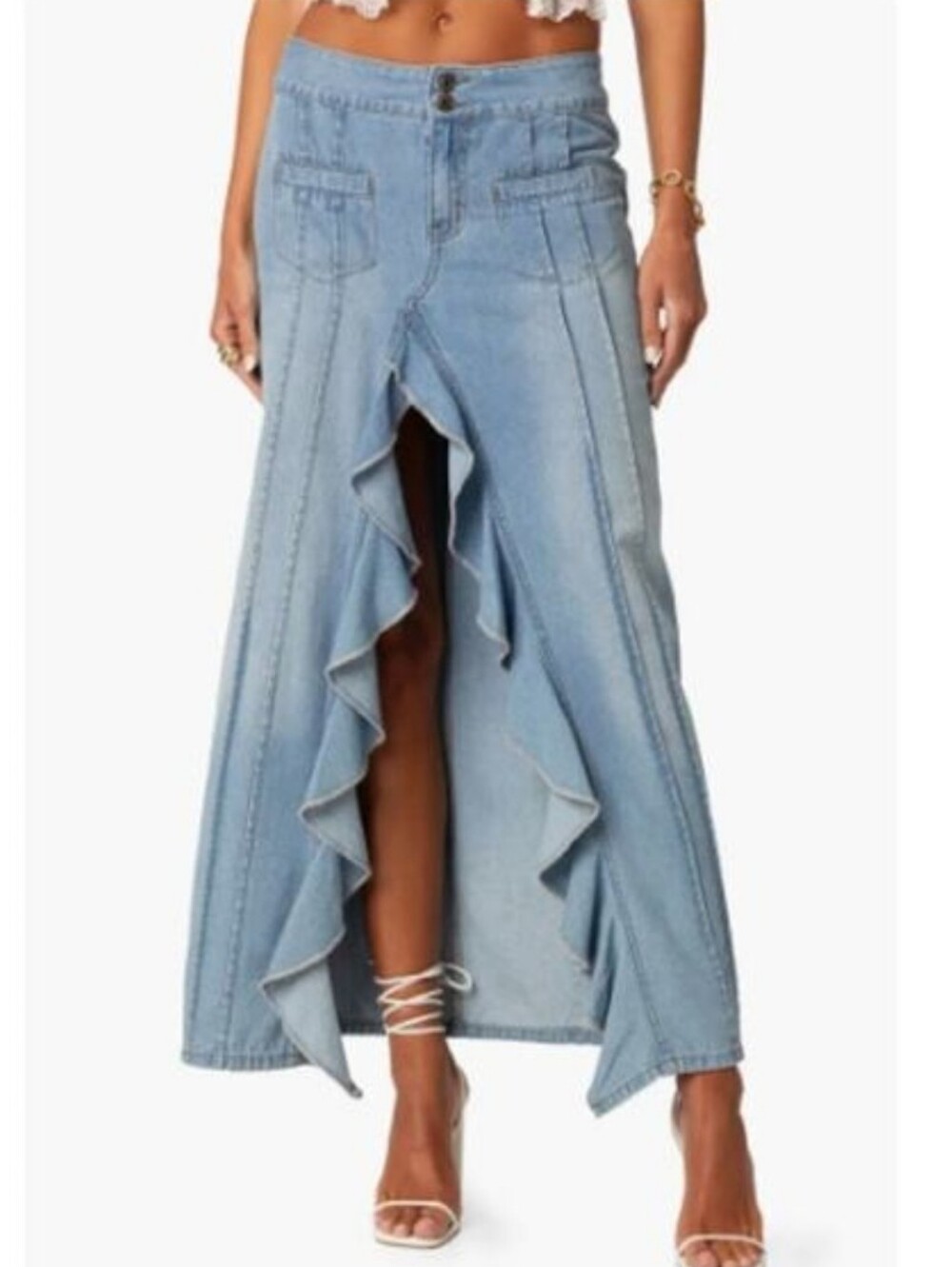 Edikted Valencia Ruffle Slitted Denim Maxi Skirt Size M